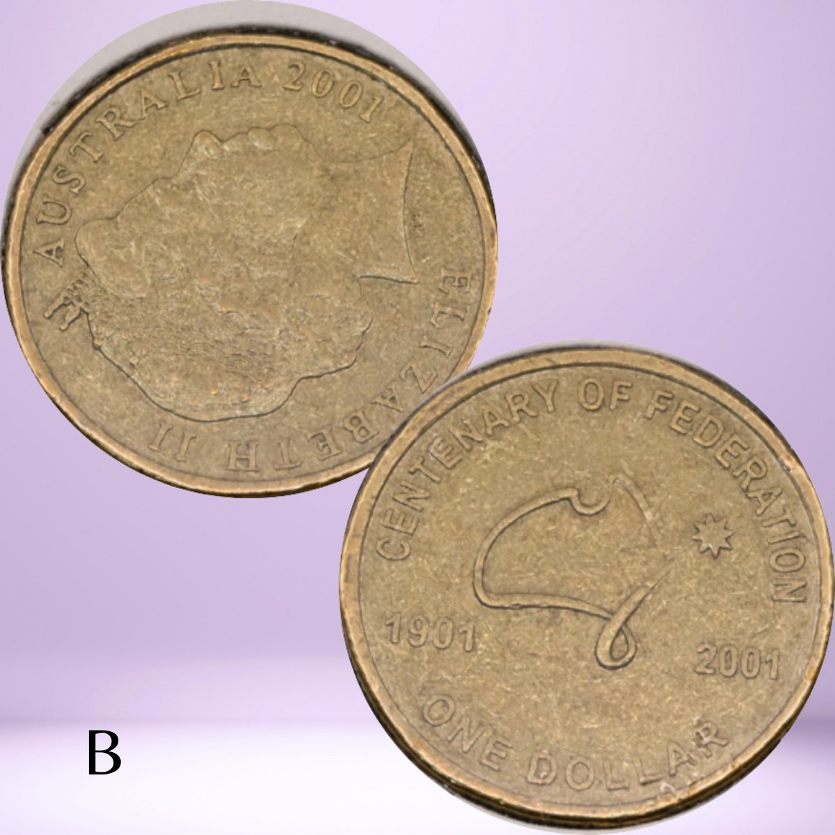 Two sides of a 2001 Australian Centenary of Federation $1 coin with rotation or upset die error