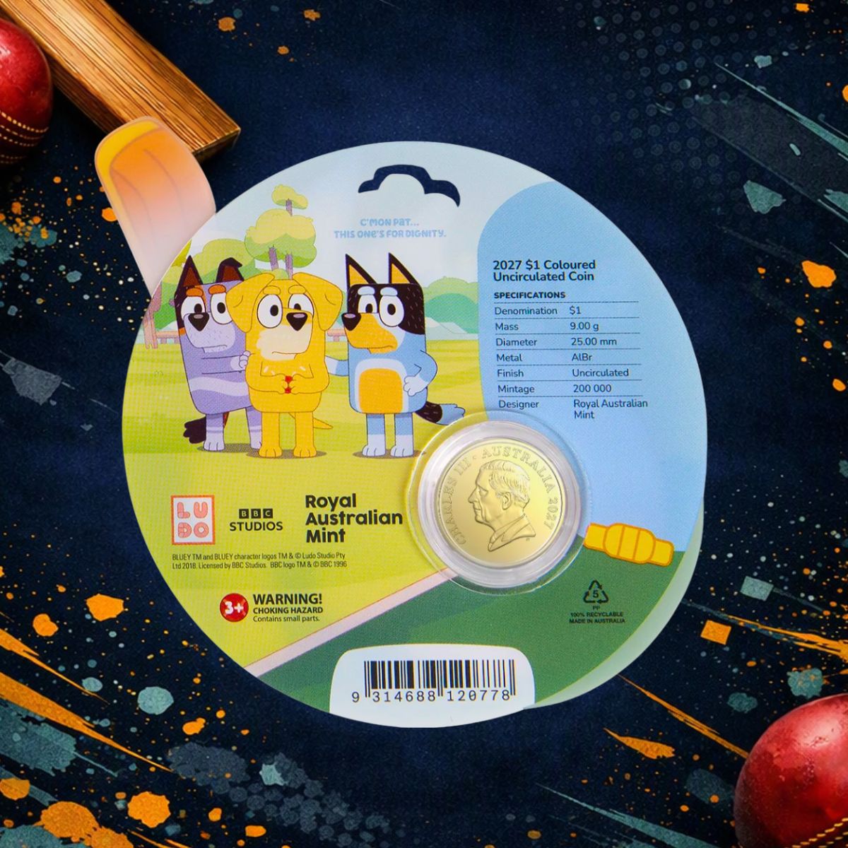 2027 $1 Bluey Cricket - Coloured Uncirculated Coin
