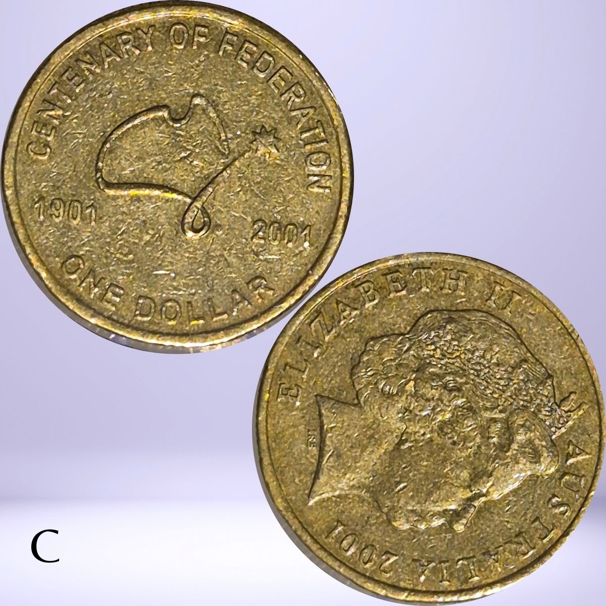 Two sides of a 2001 Australian Centenary of Federation $1 coin with rotation or upset die error
