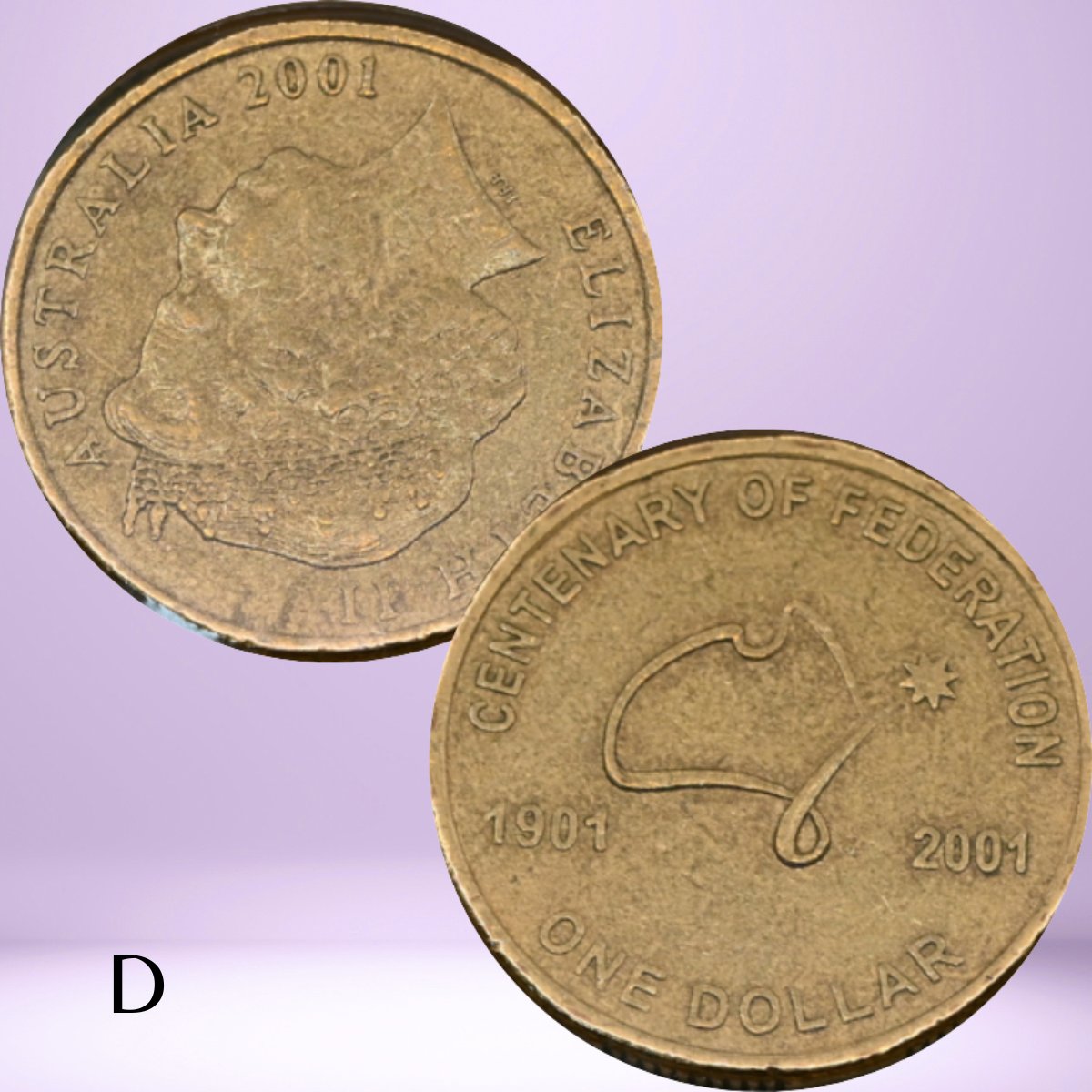 Two sides of a 2001 Australian Centenary of Federation $1 coin with rotation or upset die error