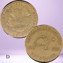 Two sides of a 2001 Australian Centenary of Federation $1 coin with rotation or upset die error