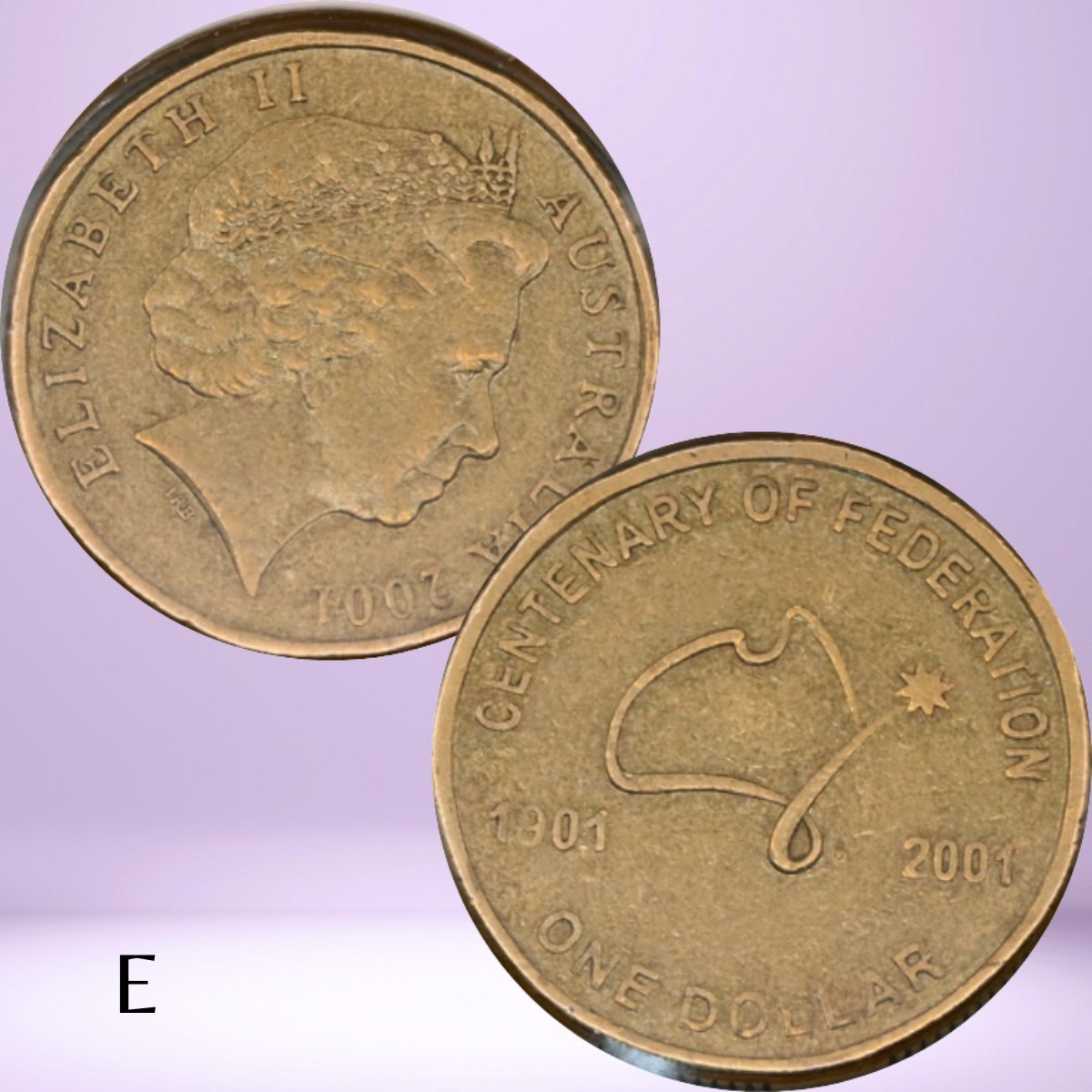 Two sides of a 2001 Australian Centenary of Federation $1 coin with rotation or upset die error