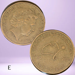 Two sides of a 2001 Australian Centenary of Federation $1 coin with rotation or upset die error