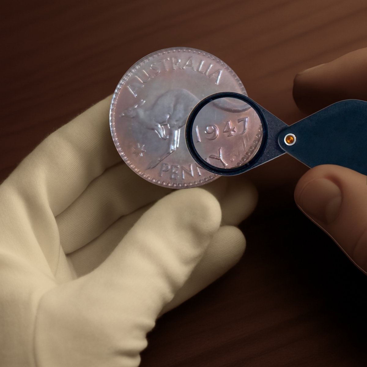 A gloved hand holding 1947 Perth Proof Penny, being examined under a loupe - reverse side