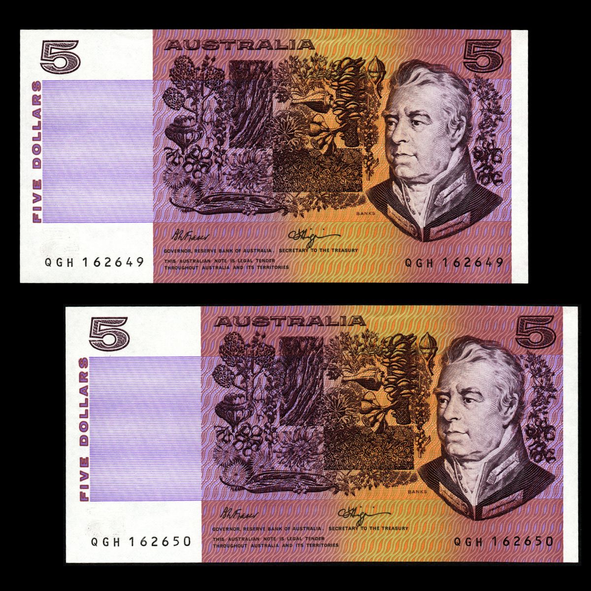 1990 $5 Fraser/Higgins Consecutive Pair R212 EF+ to aUNC
