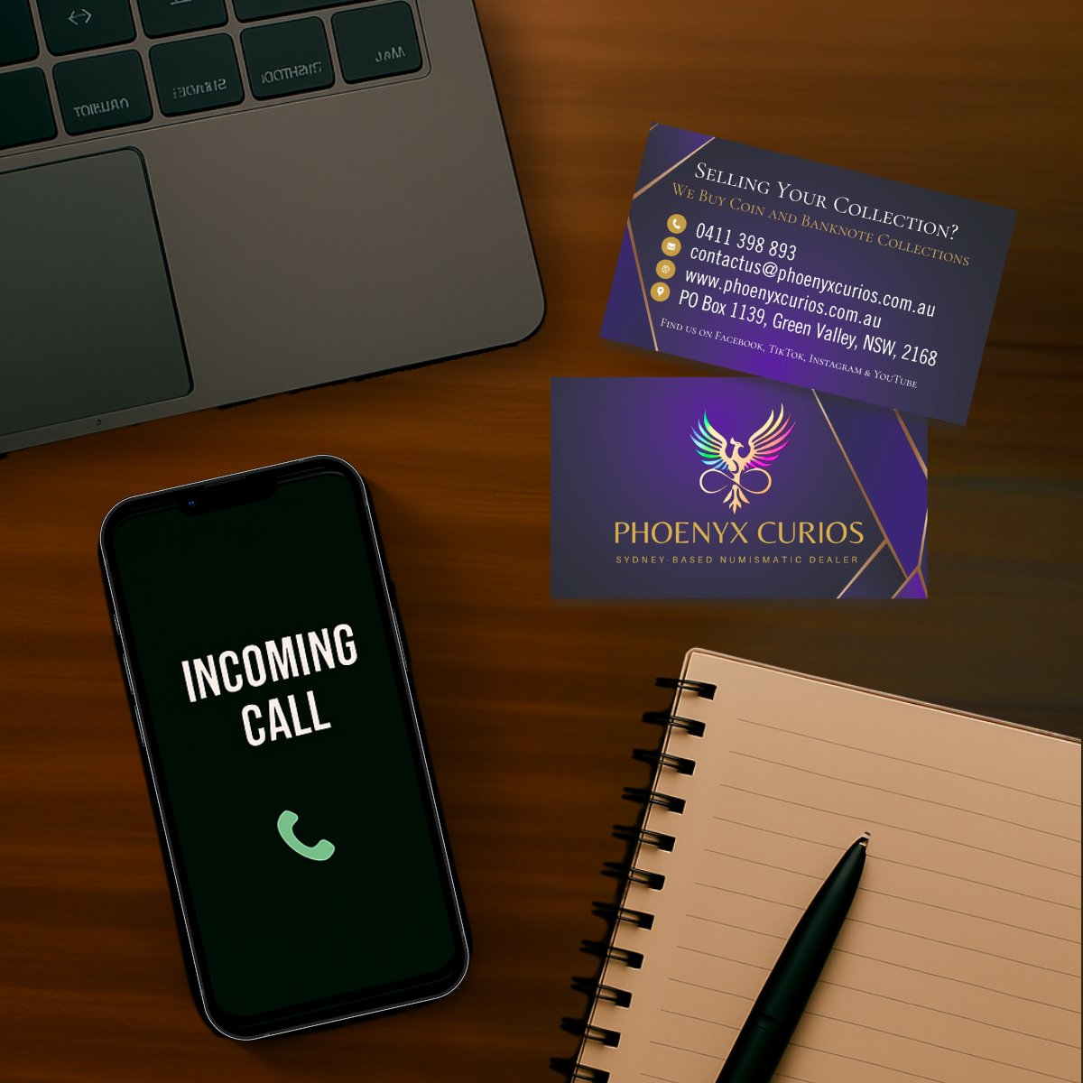 Phone with 'Incoming Call' display, notebook, pen, and two business cards on a wooden surface. Contact us at Phoenyx Curios