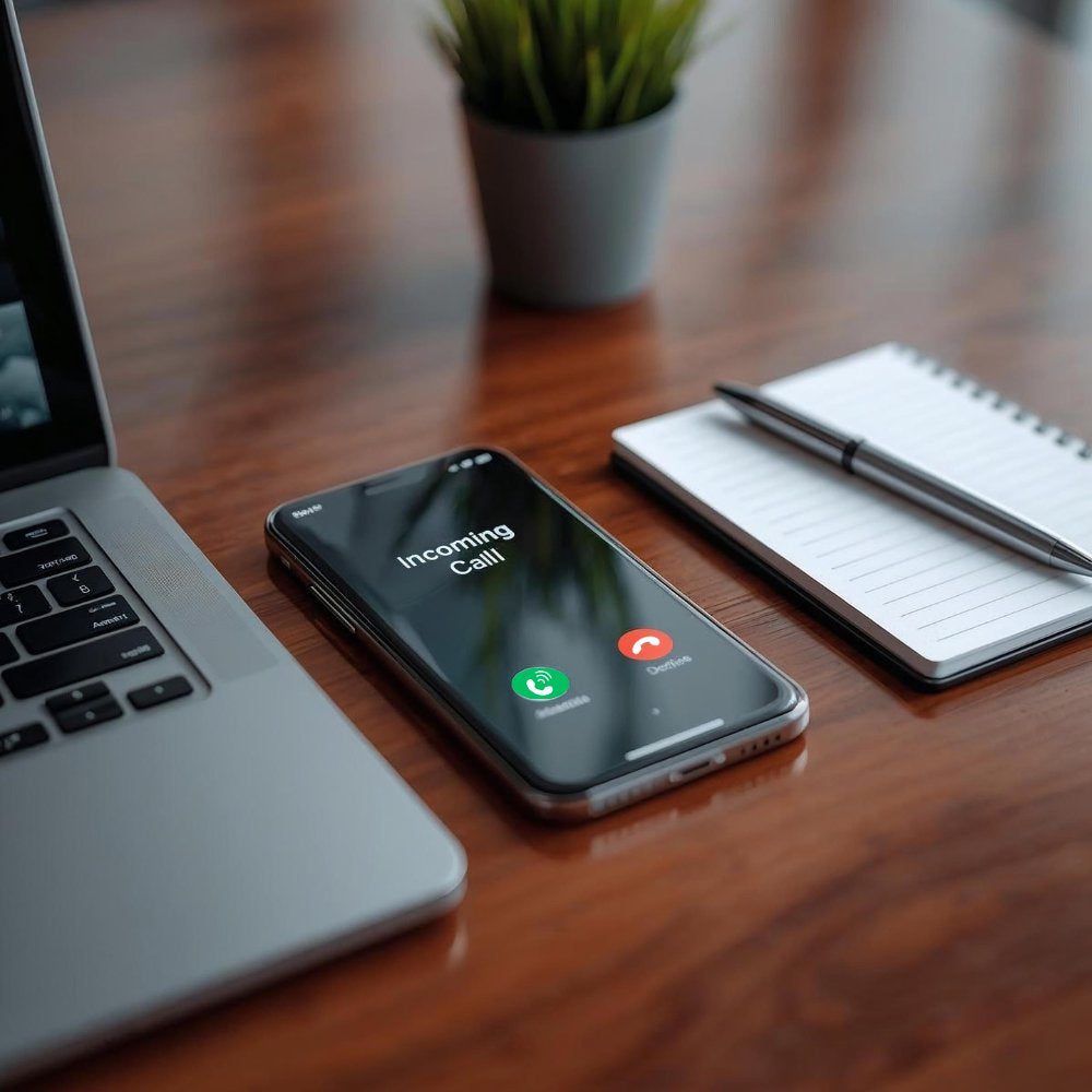 Phone with 'Incoming Call' display, notebook and pen on a desk. Contact us at Phoenyx Curios