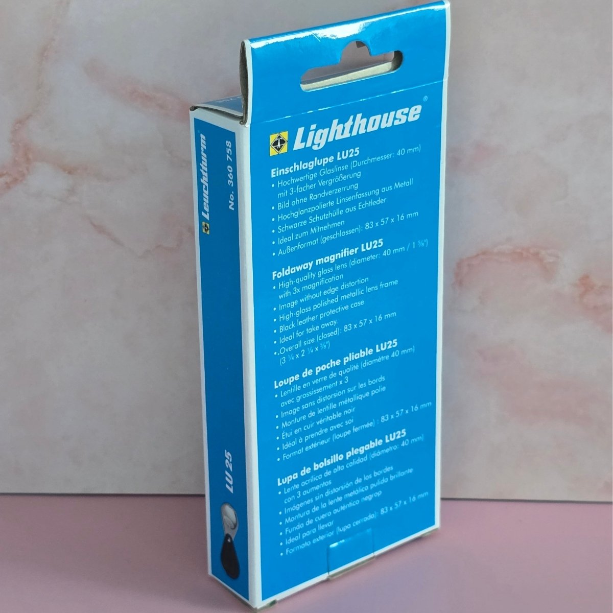 Back of box of Lighthouse LU25 foldaway magnifier