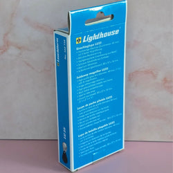 Back of box of Lighthouse LU25 foldaway magnifier