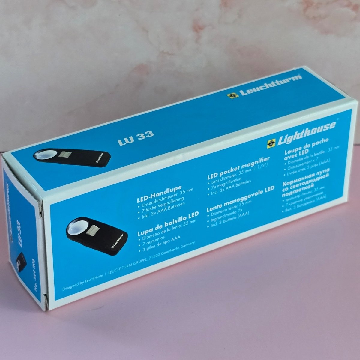 Back of box of Lighthouse LU33 LED pocket magnifier