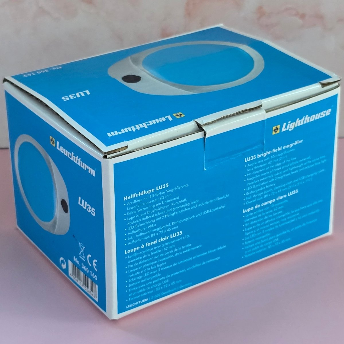 Back of box of Lighthouse LU35 brightfield magnifier