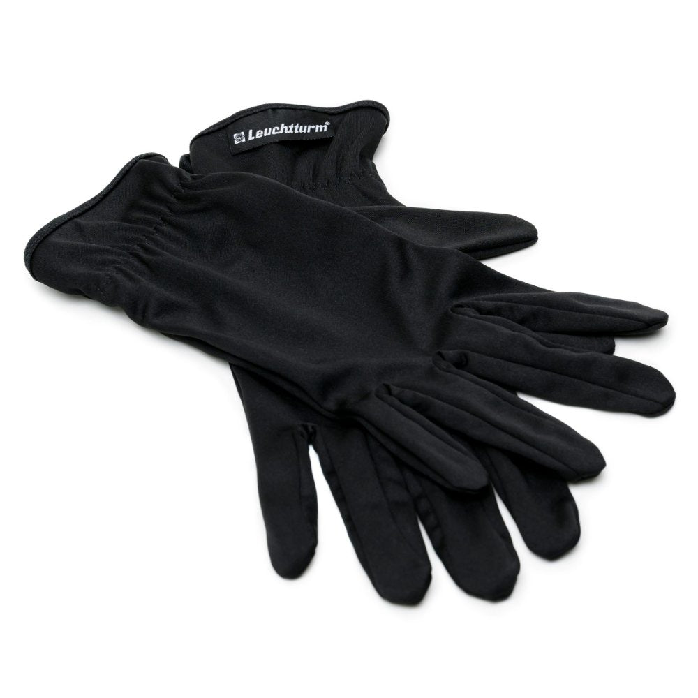 Pair of black gloves with a brand label on a white background