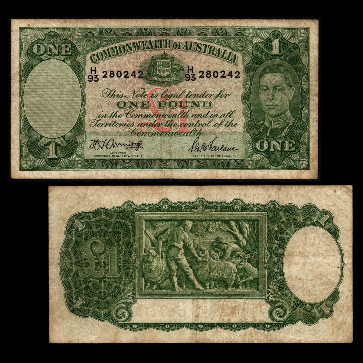 1942 One Pound Armitage/McFarlane Dark Green Main Print General Prefix R30a Very Good