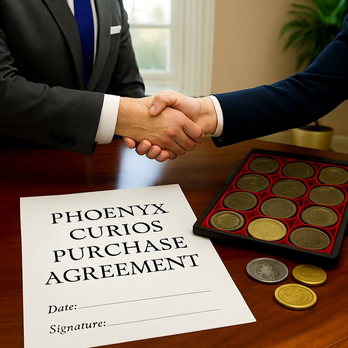 Two people shaking hands over a 'Phoenyx Curios Purchase Agreement' with coins on a table.