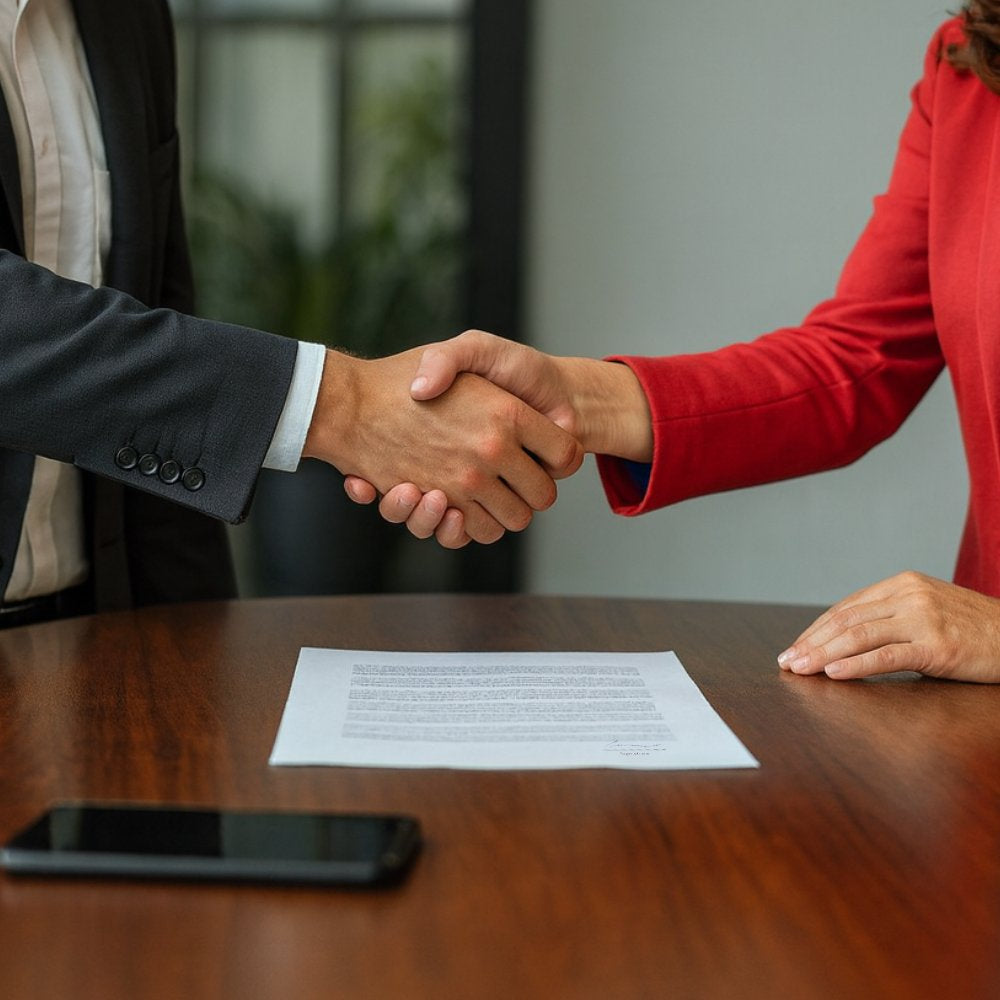 Two people shaking hands over a 'Phoenyx Curios Purchase Agreement' with coins on a table.