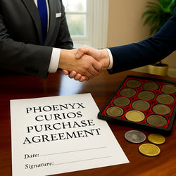 Two people shaking hands over a 'Phoenyx Curios Purchase Agreement' with coins on a table.