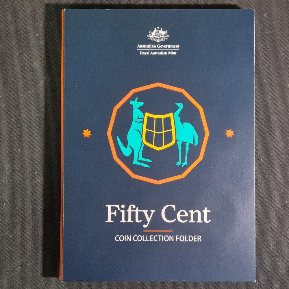 Royal Australian Mint Fifty Cent Coin Collection Folder with 35x circulated 50c coins including commemorative circulating designs and NIFC designs. Front Cover
