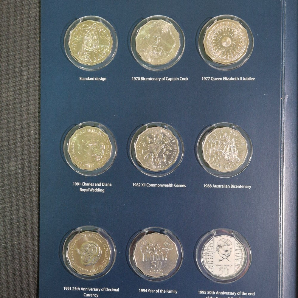 Royal Australian Mint Fifty Cent Coin Collection Folder with 35x circulated 50c coins including commemorative circulating designs and NIFC designs. Page 1
