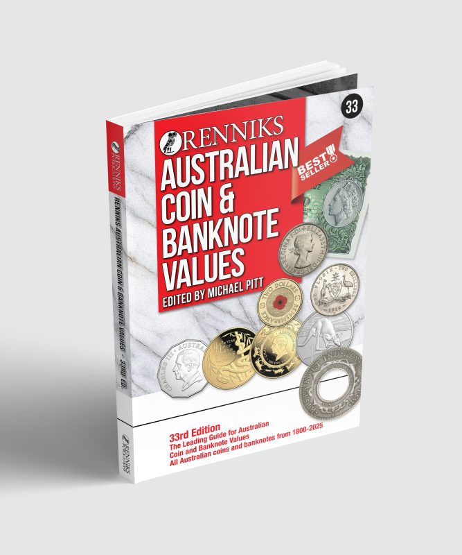 Book titled 'Renniks Australian Coin & Banknote Values' 33rd Edition - Leading Guide for Australian Coin & Banknote Values from 1800-2025 Softcover 