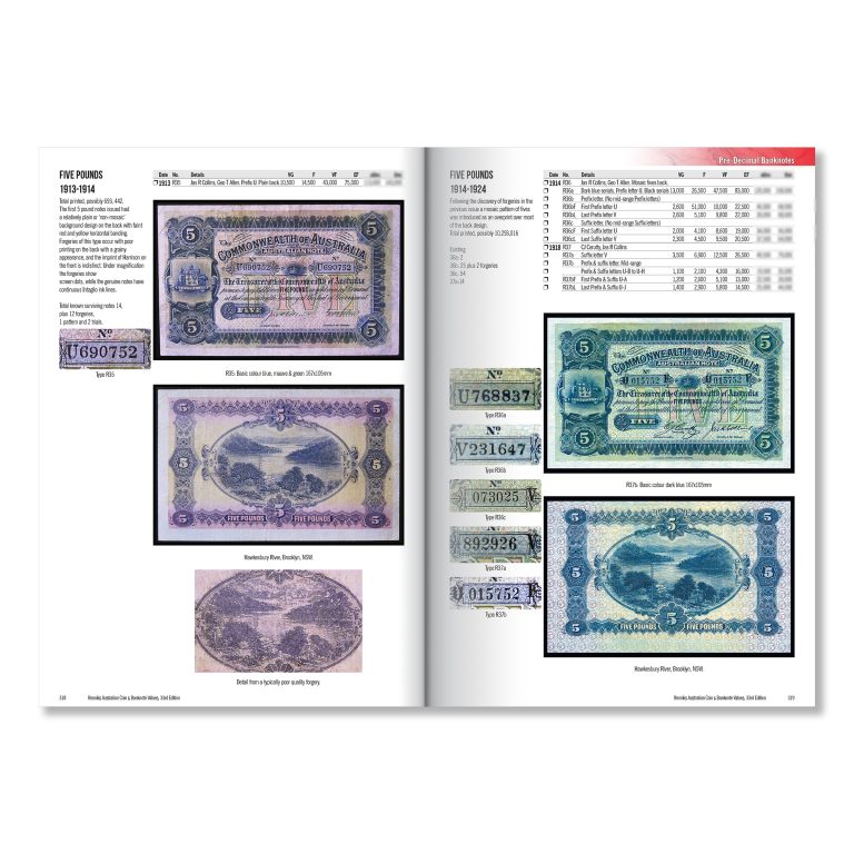 Five Pounds from the book titled 'Renniks Australian Coin & Banknote Values' 33rd Edition - Leading Guide for Australian Coin & Banknote Values from 1800-2025 Softcover