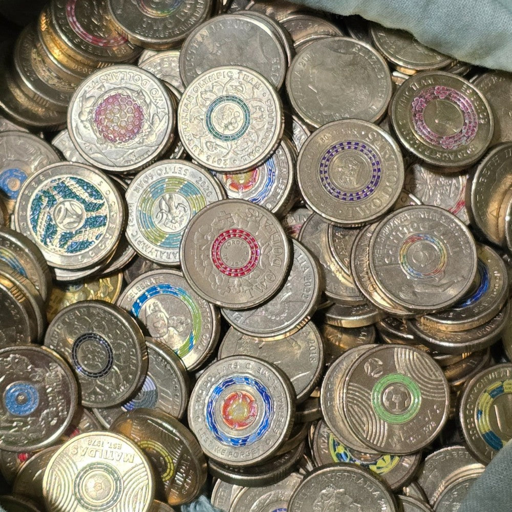 Assorted colored Australian $2 Coins - some with paint chips - circulated