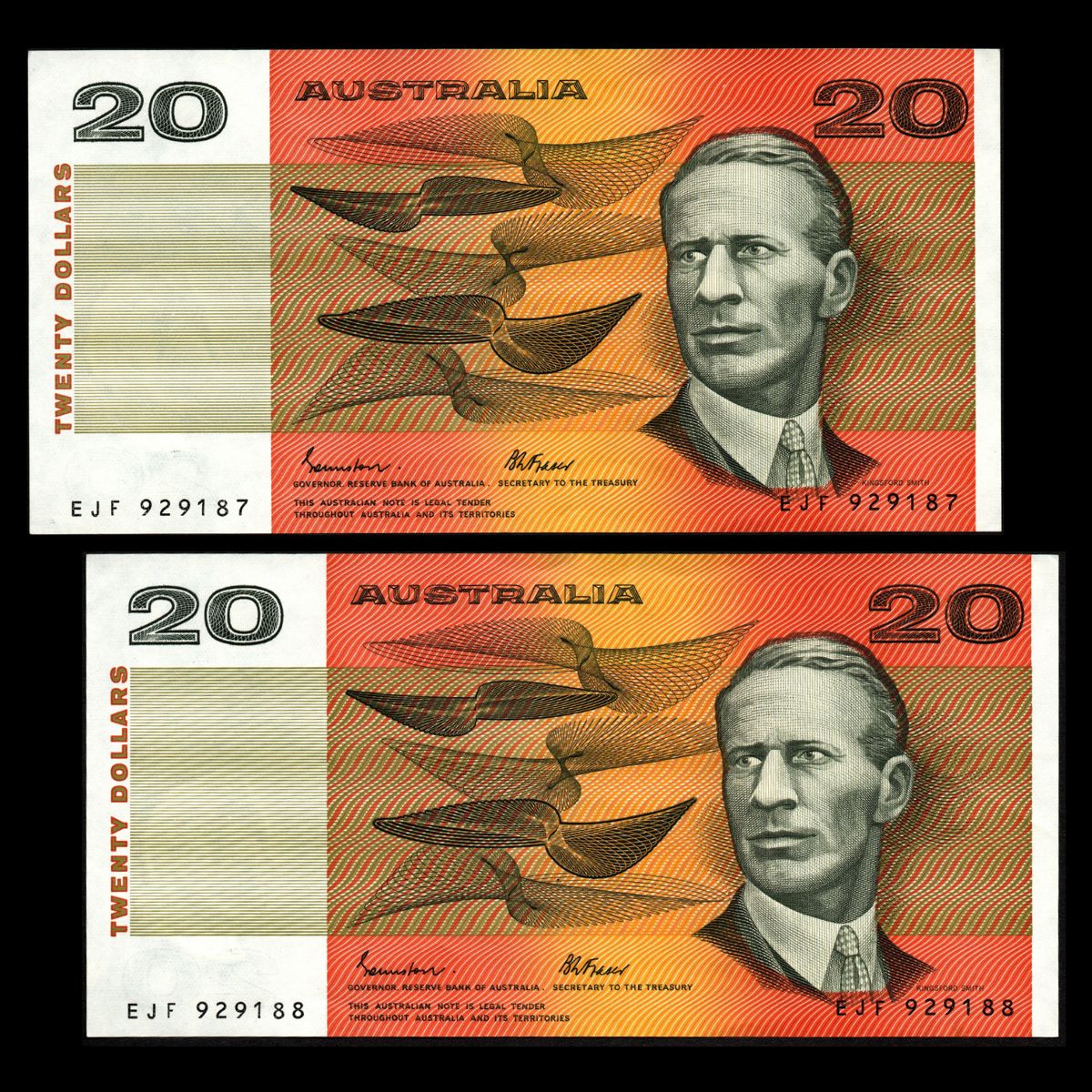 1985 $20 Johnstone/Fraser OCRB Serial Consecutive Pair General Prefix R409a Very Fine Plus