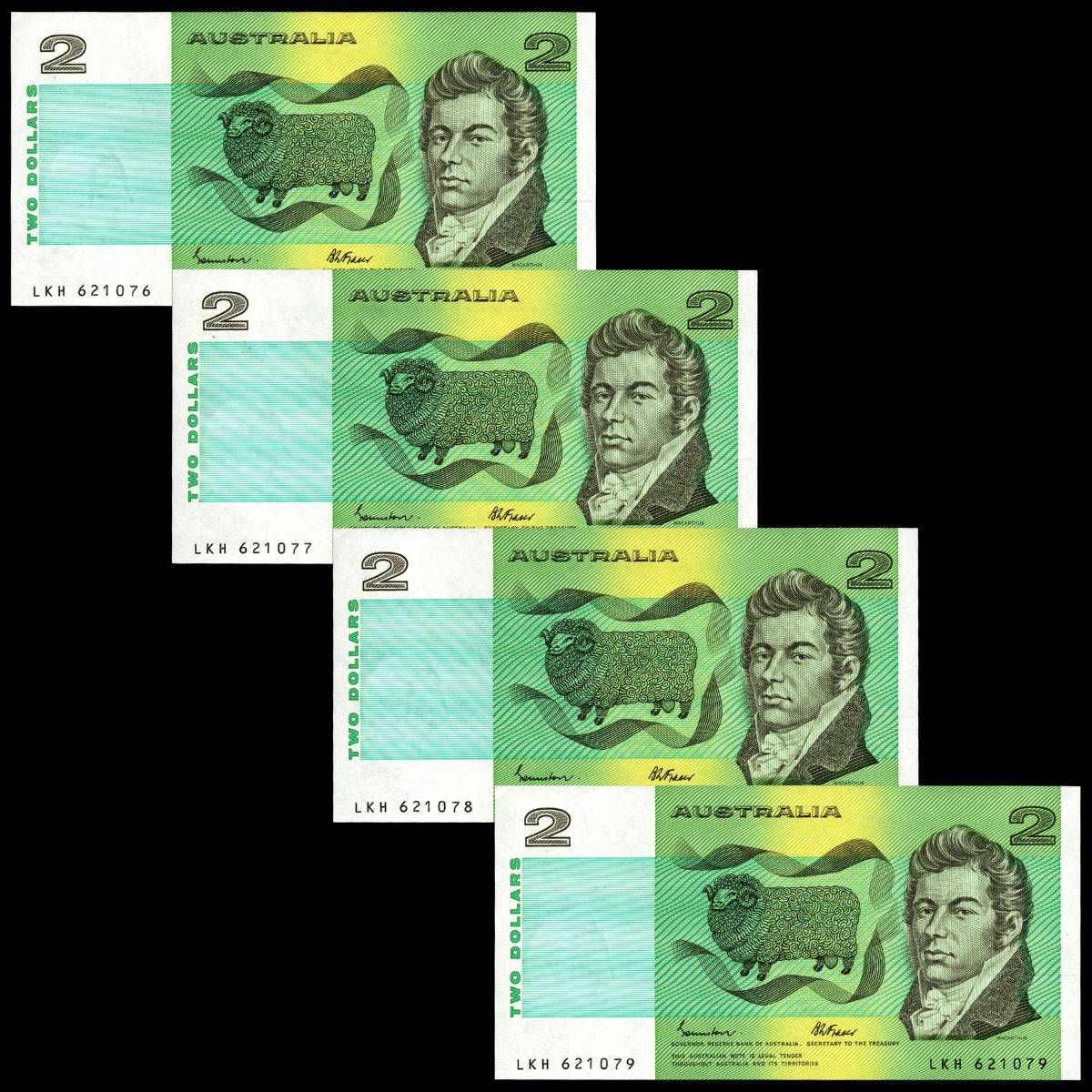 1985 $2 Johnston/Fraser Consecutive Run of Four R89 Extremely Fine Plus