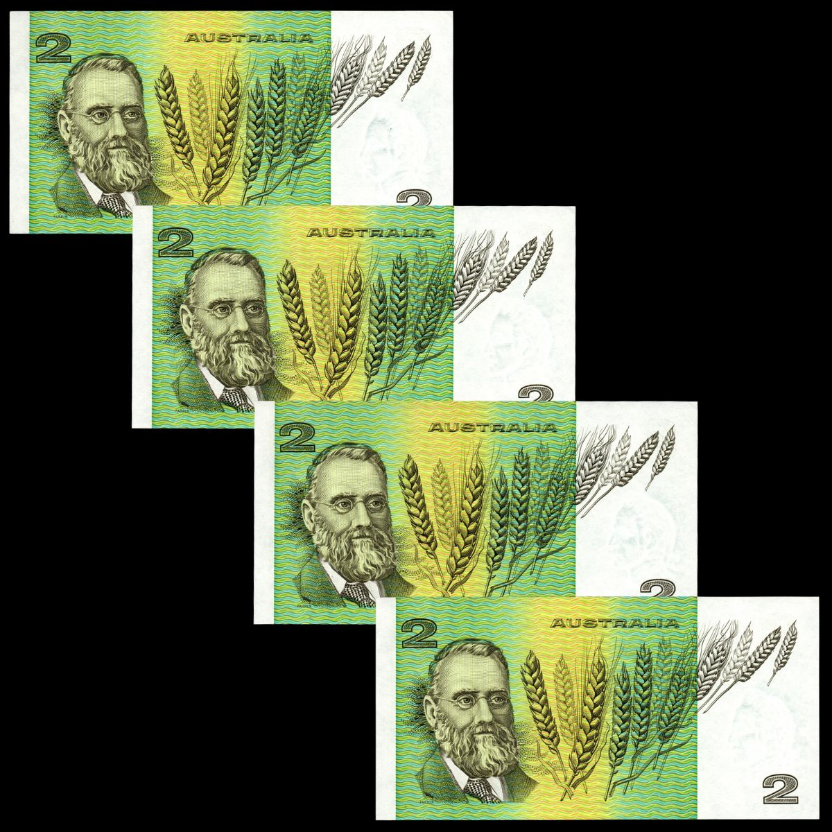 1985 $2 Johnston/Fraser Consecutive Run of Four R89 Extremely Fine Plus
