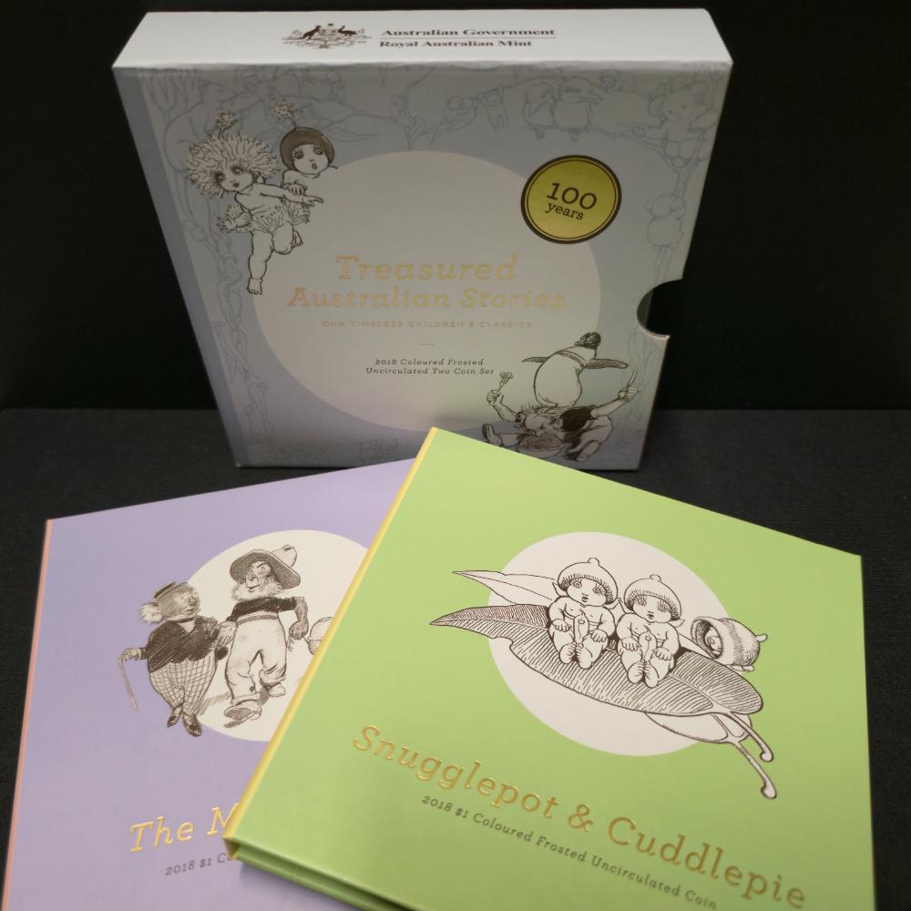 2018 $1 Treasured Australian Stories Two Coloured Frosted Uncirculated Coin Set Snugglepot & Cuddlepie and The Magic Pudding
