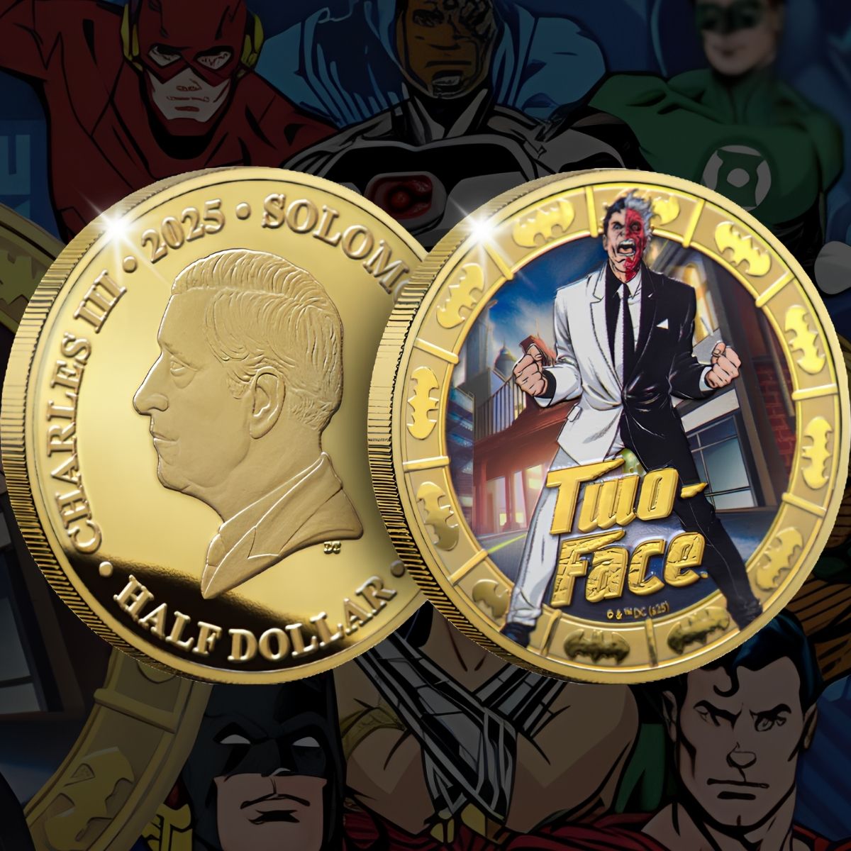 2025 Solomon Islands 50c DC Two-Face Gold Plated 27.5g CN Coin in Card