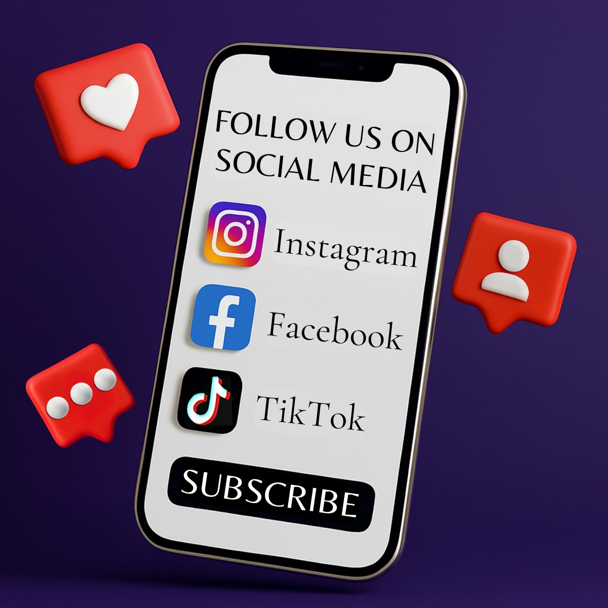 Phone screen with social media call-to-action on a purple background