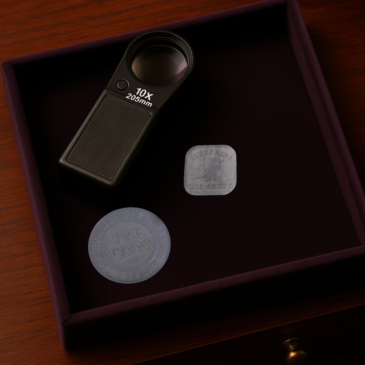 Magnifying glass with 10x magnification with 1930 Penny and 1921 Kookaburra Square Penny in a dark velvet tray on a wooden table.